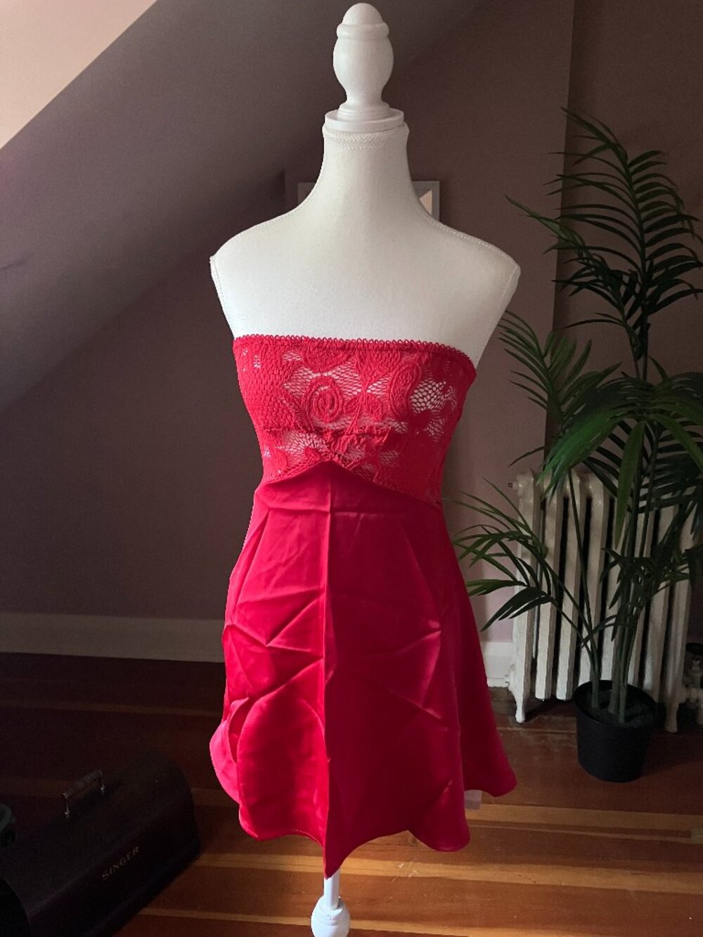 Red strapless dress lace bodice satin mini skirt sheath